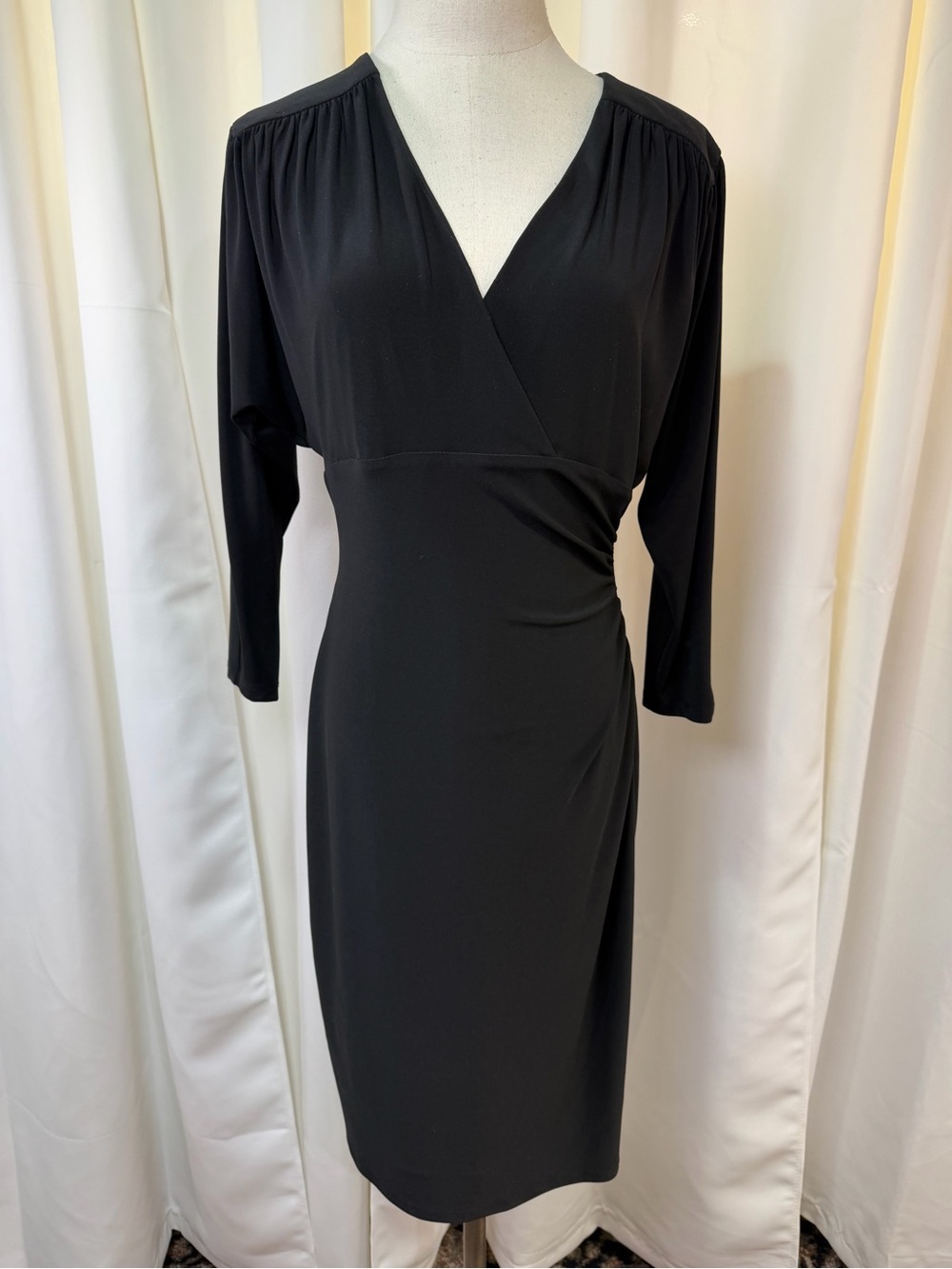 Lauren Ralph Lauren Elegant Black Faux Wrap Stretchy Knit Sheath Dress Size 8 - Picture 2 of 13